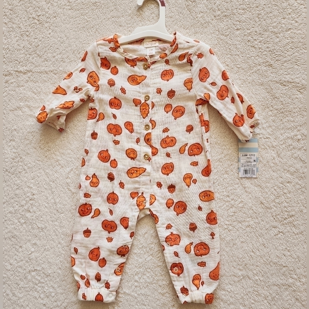 NWT Baby Autumn / Thanksgiving Gauze 100% cotton Long Sleeve Romper size NB- 12m